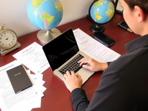 NewsZone 1 Persoană votând din străinătate, birou cu laptop.