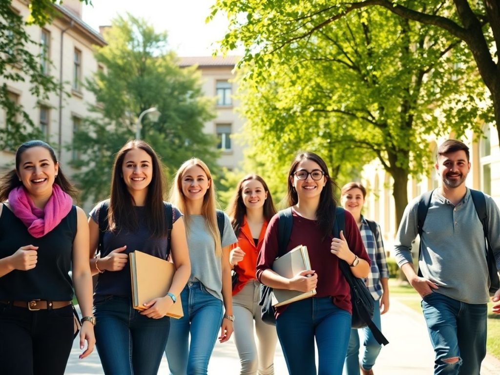 Tineri studenți români zâmbitori într-un campus