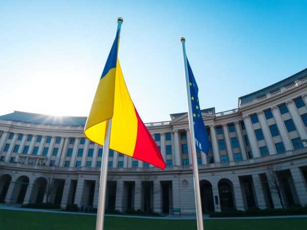 Clădirea Parlamentului European și steagul României sub soare.