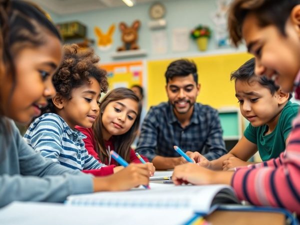 Studenți diversificați colaborând într-un mediu educațional modern.